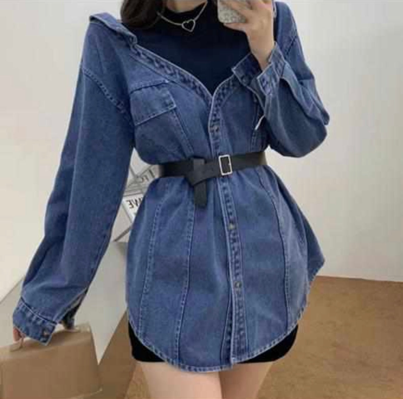 “Binny” - Denim top shirt with belt