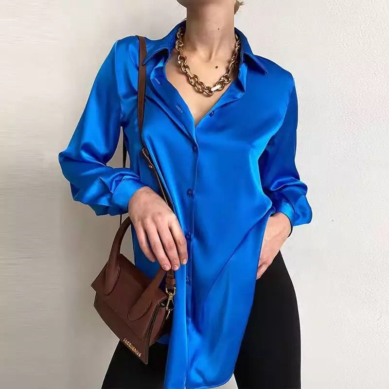 "Perina" - Satin Long-Sleeve Shirt ( Blue )