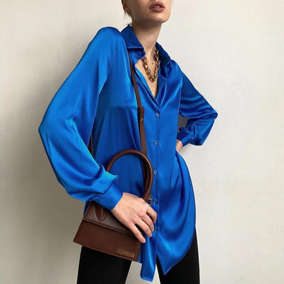 "Perina" - Satin Long-Sleeve Shirt ( Blue )