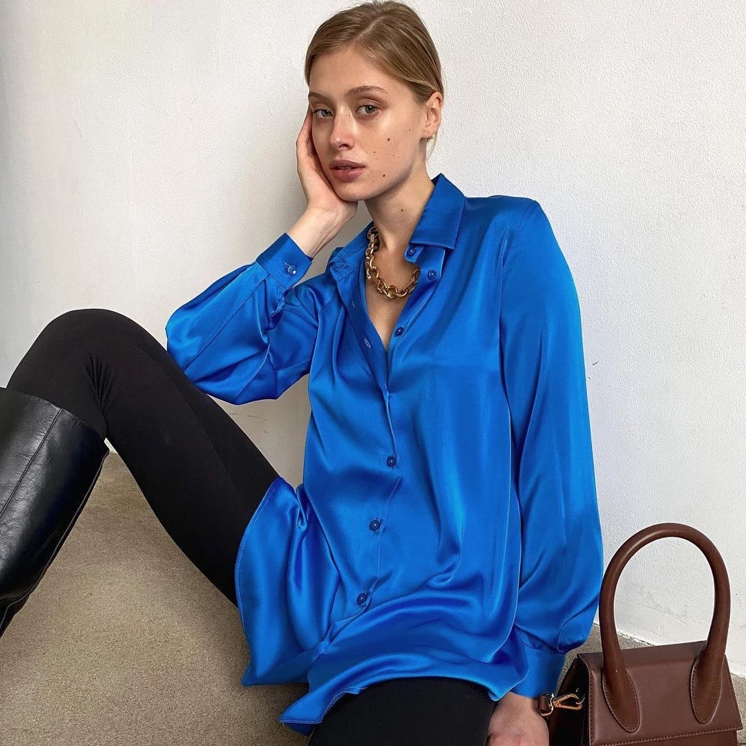 "Perina" - Satin Long-Sleeve Shirt ( Blue )