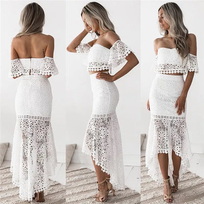 "Riana" - Off Shoulder Top and Skirt Set ( White )