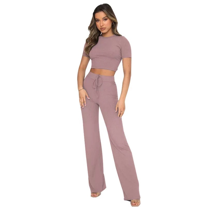 Claudette - Crop Top and Pants Set ( Pink)