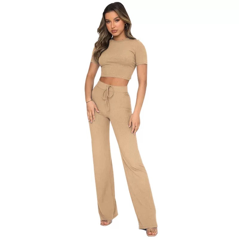 Claudette - Crop Top and Pants Set ( Brown )