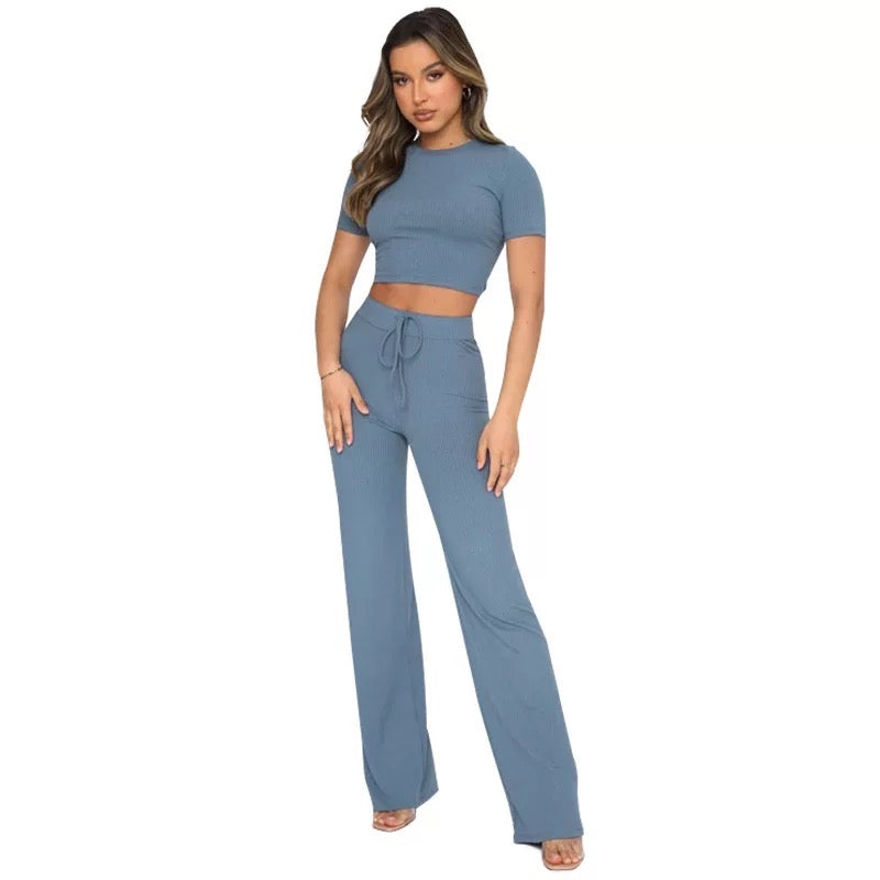 Claudette - Crop Top and Pants Set ( Blue )