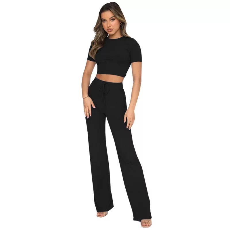 Claudette - Crop Top and Pants Set (Black)