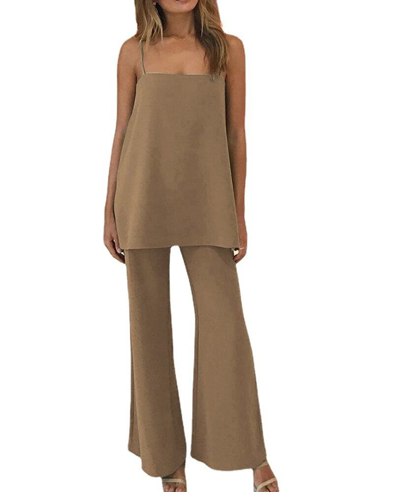 "Tiara'' - Spaghetti Strap Top and Pants Set (Brown)