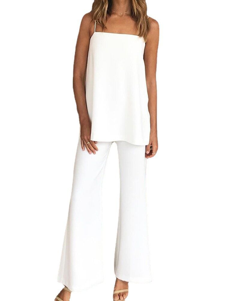 "Tiara'' - Spaghetti Strap Top and Pants Set (White)